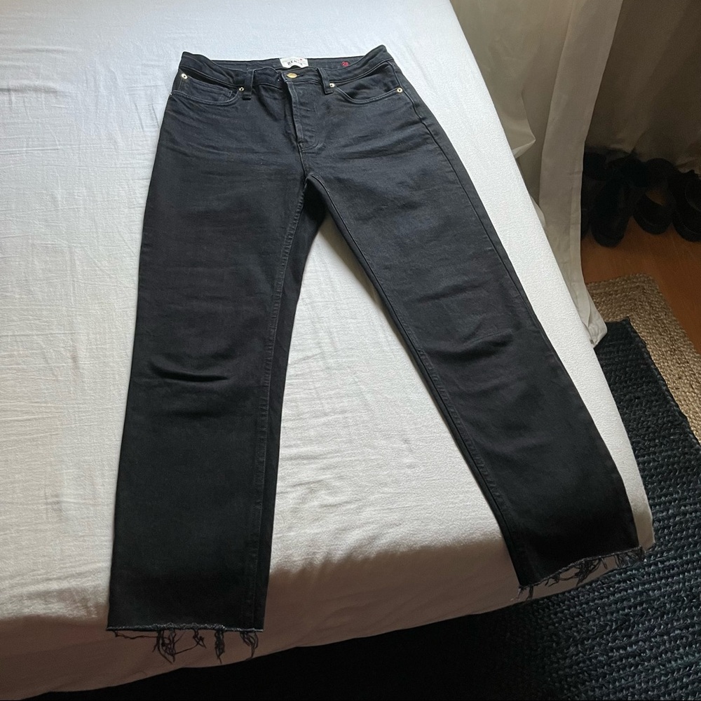 Sezane Denim black cotton cropped straight slim leg raw hem edge jeans